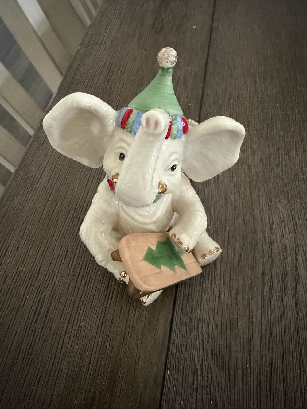 Lenox White Elephant Figurine with Green Hat and Gold Accents